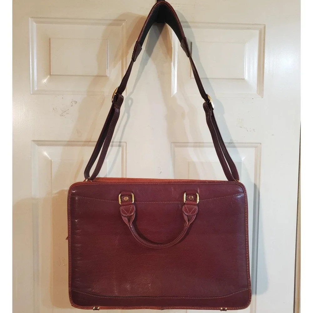 Cognac Brown Leather Briefcase‎ Lap Top Case Dbl Handle Shoulder Strap Vantaggio